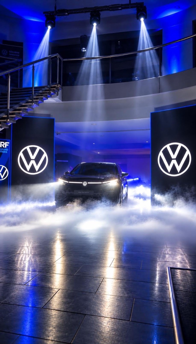 Véhicule Volkswagen révélé dans la fumée lourde, entre deux totems lumineux, sous les faisceaux des lyres